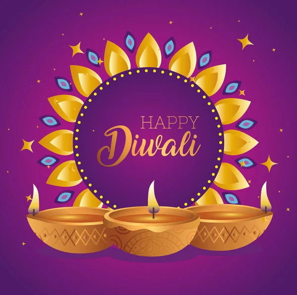 Happy diwali on flower with diya candles vector design — Stock Vector