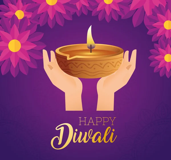 Happy diwali diya candle over hands with flowers vector design — Stock Vector