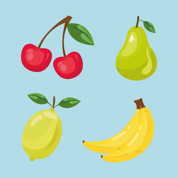 Cerejas pêra limão e banana desenho vetor de frutas — Vetor de Stock