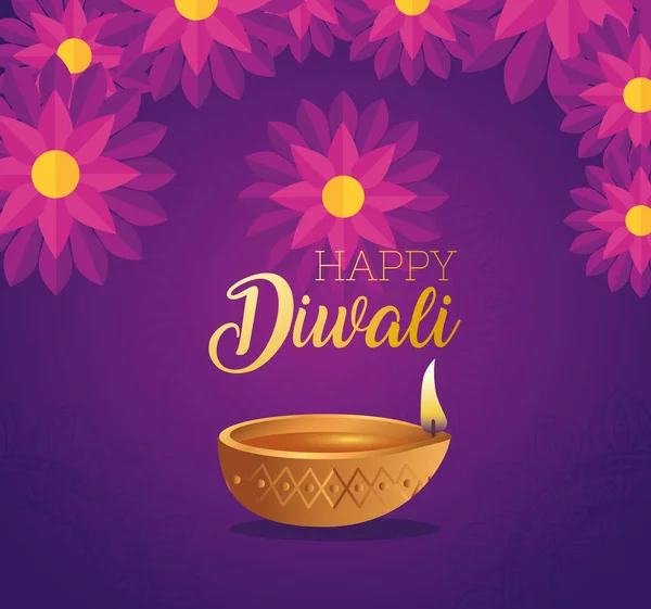 Vela diwali diya feliz com design de vetor de flores — Vetor de Stock