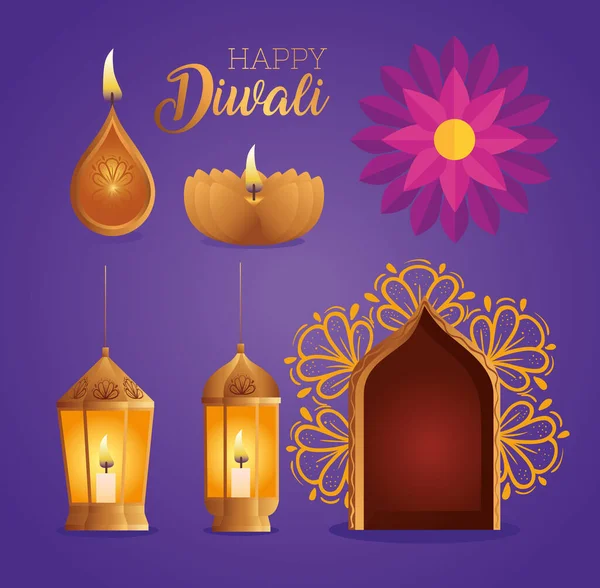 Happy diwali diya candles lanterns flower and window vector design — Stock Vector