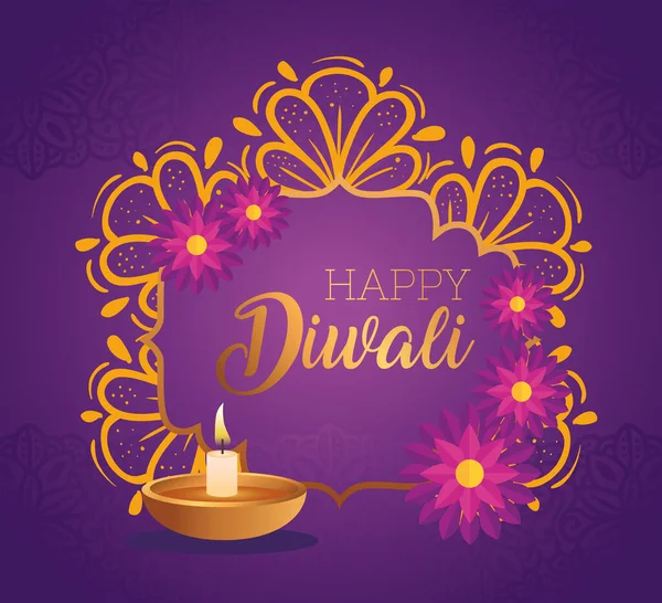 Happy diwali diya candle with flowers vector design — Stock Vector