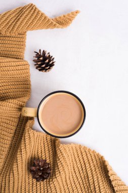 Örme şal, fincan kahve ve beyaz arka plan üzerinde koni