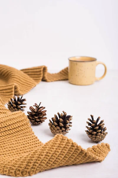 Pletený šátek, šálek kávy a šišky na bílém pozadí — Stock fotografie
