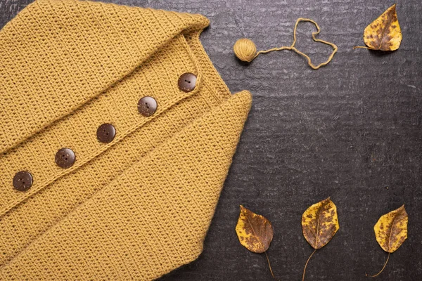 Autumn Composition Yellow Crocheted Cardigan Dried Leaves Small Ball Yarn — Stock Photo, Image
