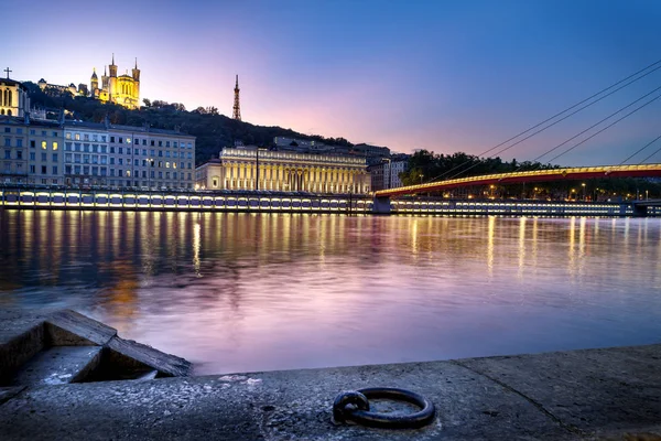 Sunset View Lyon City Fourvire Cathedral Sane River — Stock Photo, Image