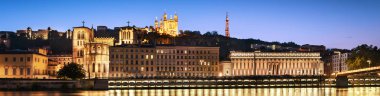 night view from Lyon city near the Fourviere cathedral and Saone river clipart