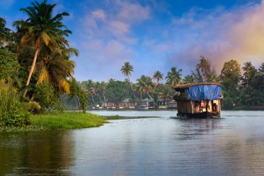 A traditional house boat is anchored on the shores of a fishing lake in Kerala's Backwaters, Kerala, India clipart