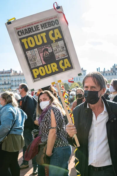 Lyon Francia Octubre 2020 Protesta Contra Terrorismo Tras Ataques Terroristas — Foto de Stock