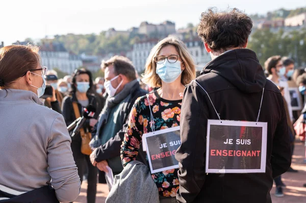 Lyon Francia Ottobre 2020 Protesta Antiterrorismo Dopo Giorni Attacchi Terroristici — Foto Stock