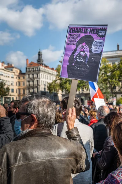 Lyon Franciaország Október 2020 Terrorizmusellenes Tiltakozás Napos Iszlám Terrortámadások Után Stock Kép