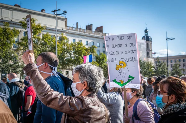 Lyon Francia Ottobre 2020 Protesta Antiterrorismo Dopo Giorni Attacchi Terroristici — Foto Stock