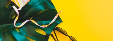 Tropikal orman palm monstera, güneş gözlüğü ve parlak sarı Kağıt arka plan bir kadının mayo üstüne bırakır. Yaz metin için yaratıcı düz yatıyordu kavramı şablon tatiller. Uzun geniş afiş