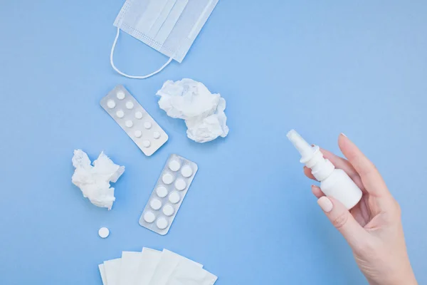 Creative Flat Lay Concept Seasonal Spring Allergy Napkins Pills Face — Stock Photo, Image