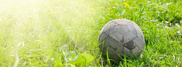 Old Soccer Ball Forgotten Green Grass Field Football Concept Long — Stock Photo, Image
