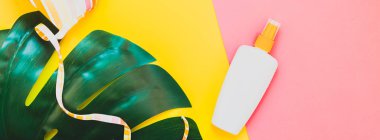 Tropikal orman palm monstera, güneş koruyucu boş şişe mockup ve kadının mayo parlak renk Kağıt arka plan üzerinde bırakır. Yaz yaratıcı düz yatıyordu kavramı Şablon metnini tatiller. Uzun geniş afiş