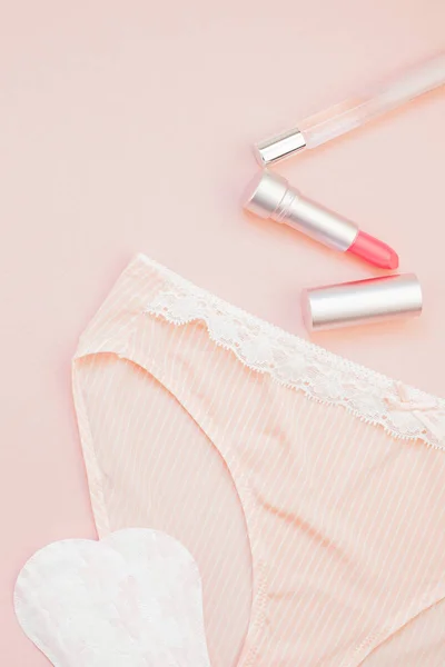 Feminine Flat Lay Set Female Panties Accessories Perfumes Lipstick Pads — Stock Photo, Image