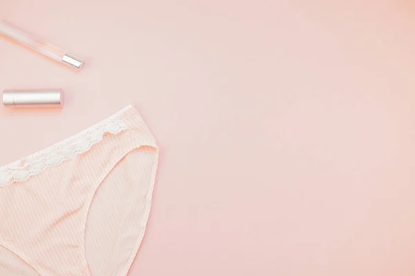 Feminine Flat Lay Set Female Panties Accessories Perfumes Lipstick Pastel — Stock Photo, Image