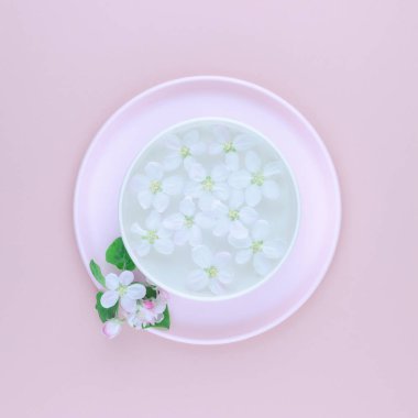 Yaratıcı düz kavramı üstten görünüm aroma kase su ile yatıyordu ve beyaz altında çiçek açması elma ağacı çiçek pastel pembe Kağıt kopya alanı kare zemin üzerine en az tarzı, metin için şablon bahar
