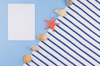 Yaratıcı düz yaz seyahat tatil kavramı yatıyordu. Kopya alanı en az tarzı, metin için şablon pastel mavi zemin üzerine plaj havlusu ve kabukları ve denizyıldızı Üstten Görünüm