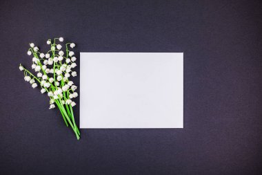 Yaratıcı düz üstten görünüm sahte taze siyah Kağıt arka plan boş beyaz mektup çerçeve ve kopya alanı en az tarzı, metin için şablon ile Vadideki Zambak buketi yığmak
