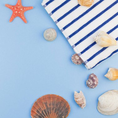 Yaratıcı kare düz yaz seyahat tatil kavramı yatıyordu. Kopya alanı en az tarzı, metin için şablon pastel mavi zemin üzerine plaj havlusu ve kabukları ve denizyıldızı Üstten Görünüm