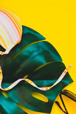 Tropikal orman palm monstera, güneş gözlüğü ve parlak sarı kağıt arka plan bir kadının mayo üstüne bırakır. Metin için yaratıcı düz yatıyordu kavramı şablon yaz tatil