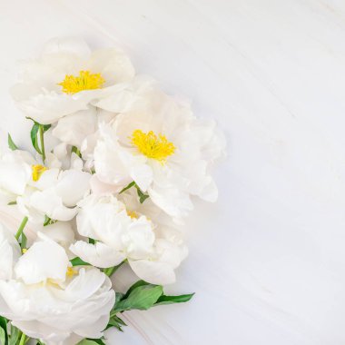 Güzel çiçek beyaz şakayık çiçekleri mermer zemin üzerine alan en az tarzı, kartpostal, metin veya tasarımınızı kare şablon kopyalayın. Düğün davetiyesi ve kutlama tebrik kavramı