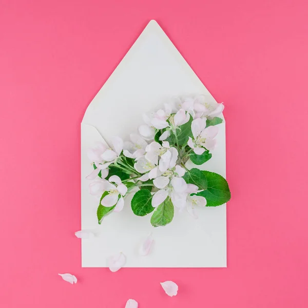 정사각형 봉투의 개념을 분홍색 배경에 최소한의 스타일 발렌타인 카드에 — 스톡 사진
