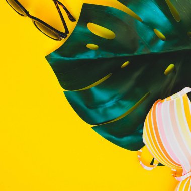 Tropikal orman palm monstera bırakır, güneş gözlüğü ve bir kadının mayo üstüne parlak kare Kağıt arka plan sarı. Metin için yaratıcı düz yatıyordu kavramı şablon yaz tatil