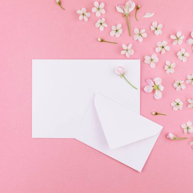 Kare düz kavramı üstten görünüm boş mektup zarfının lay ve en az tarzı, kutlama, Sevgililer kartları için şablon alan bahar kiraz ağacı çiçekleri ile bin yıllık pembe arka plan üzerinde kopyalama