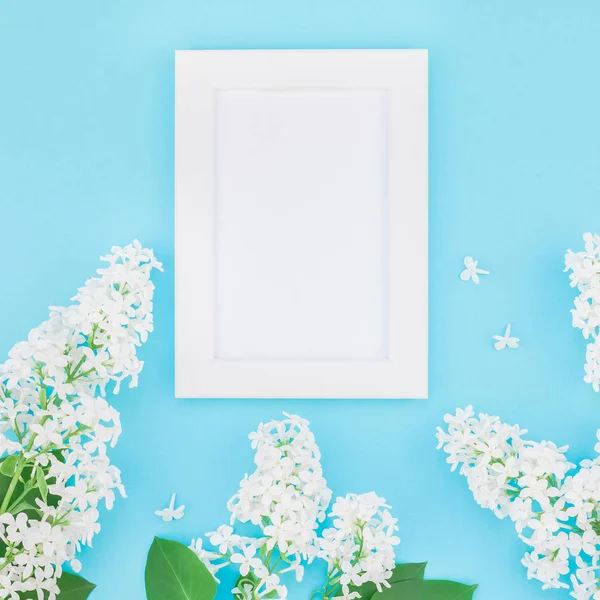 Boş Kartpostal çerçeve sahte kavramı en iyi görünümünü kare düz yığmak ve yaprakları kopya alanı en az stili, yazı, metin veya tasarım şablonu pastel mavi zemin üzerine beyaz leylak çiçekler
