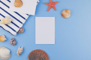 Yaratıcı düz yaz seyahat tatil kavramı yatıyordu. Kopya alanı en az tarzı, metin için şablon pastel mavi zemin üzerine plaj havlusu ve kabukları ve denizyıldızı Üstten Görünüm