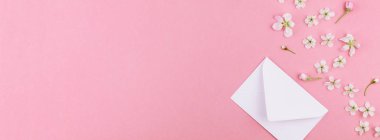 Yaratıcı düz boş mektup zarfının uzun geniş afiş lay ve en az tarzı, kutlama, Sevgililer kartları için şablon alan bahar kiraz ağacı çiçekleri ile bin yıllık pembe arka plan üzerinde kopyalama