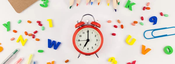 Long Wide Banner Back School Concept Alarm Clock Color School — Stock Photo, Image