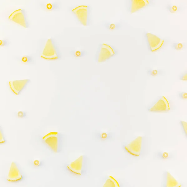 Квадратний Плоский Накладний Вид Зверху Цитрусові Скибочки Лимона Візерунок Рамка — стокове фото