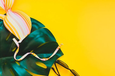 Tropikal orman palm monstera, güneş gözlüğü ve parlak sarı kağıt arka plan bir kadının mayo üstüne bırakır. Metin için yaratıcı düz yatıyordu kavramı şablon yaz tatil