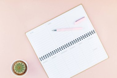 Üstten görünüm düz tasarım ofis malzemeleri ve kaktüsler succulents kopya alanı bin yıllık pembe renkli kağıt arka plan en az stili ile tarz çalışma masası yatıyordu. Kadınsı blog sosyal medya için şablon