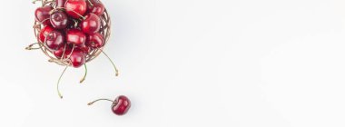 Kopya alanı ile küçük bir sepet içinde taze olgun kiraz uzun geniş afiş beyaz arka plan en az stili izole. Yaz eğlenceli ve sağlıklı beslenme kavramı. Metin veya gıda tasarımınız için şablon