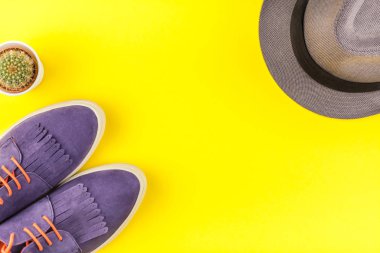 Düz moda süet ayakkabılar, gri şapka, kaktüs kalın sarı Kağıt arka plan üzerinde kopya alanı ile yatıyordu. Kadın rahat kıyafet havai görünümü. Trendy hipster bak üstten görünüm