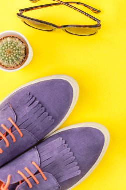 Düz süet ayakkabılar, gri şapka, kaktüs kalın sarı Kağıt arka plan üzerinde kopya alanı ile yatıyordu. Kadın rahat kıyafet havai görünümü. Trendy hipster bak üstten görünüm