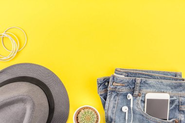 Düz mavi jeans, gri şapka, kaktüs ve akıllı telefon kulaklık kalın sarı Kağıt arka plan üzerinde kopya alanı ile yatıyordu. Kadın rahat kıyafet havai görünümü. Trendy hipster bak üstten görünüm