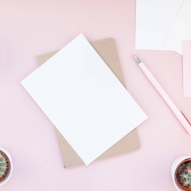 En iyi görünüm düz yatıyordu çalışma alanı Resepsiyon ofis malzemeleri kaktüsler succulents kopya alanı bin yıllık pembe renkli kağıt arka plan en az tarzı ile tasarım tarz. Kadınsı blog sosyal medya için kare şablon