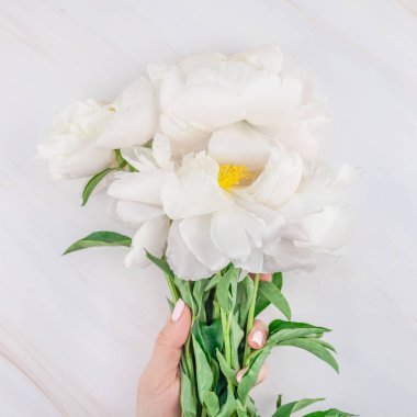 Güzel çiçek beyaz şakayık çiçekleri mermer zemin üzerine alan en az tarzı, kartpostal, metin veya tasarımınızı kare şablon kopyalayın. Düğün davetiyesi ve kutlama tebrik kavramı