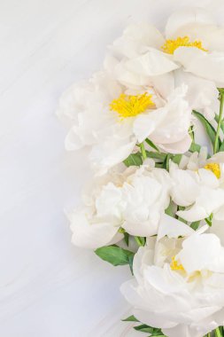 Güzel kopya alanı en az tarzı, kartpostal, yazı, metin veya tasarım şablonu mermer zemin üzerine beyaz şakayık çiçekleri blooming. Düğün davetiyesi ve kutlama tebrik kavramı