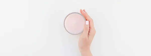 Woman Hand Pastel Manicure Polish Holding Pink Aromatic Candle Isolated — Stock Photo, Image