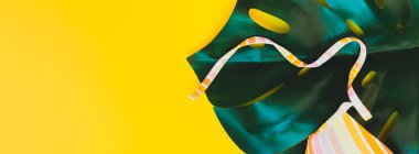 Tropikal orman palmiye monstera yaprakları ve bir kadının mayo üstüne parlak sarı Kağıt arka plan. Yaz metin için yaratıcı düz yatıyordu kavramı şablon tatiller. Uzun geniş afiş