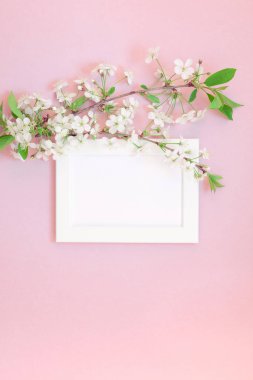 Boş çerçeve sahte kavramı en iyi görünümünü yaratıcı düz yığmak ve bin yıllık pembe arka plan kopya alanı en az stili, yazı, metin veya tasarım şablonu ile üzerinde kiraz ağacı çiçek