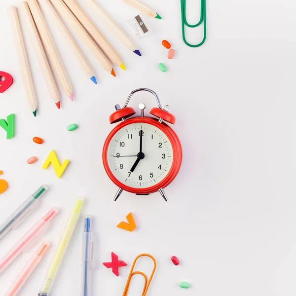 Square Flat Lay Back School Concept Alarm Clock Color School — Stock Photo, Image