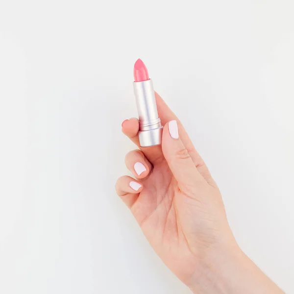 Woman Hand Pastel Manicure Polish Holding Pink Lipstick Isolated White — Stock Photo, Image